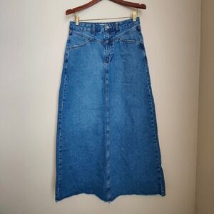 Free People Denim Maxi Skirt Raw Boho Western Come As You Are Mid Wash 4 Cotton